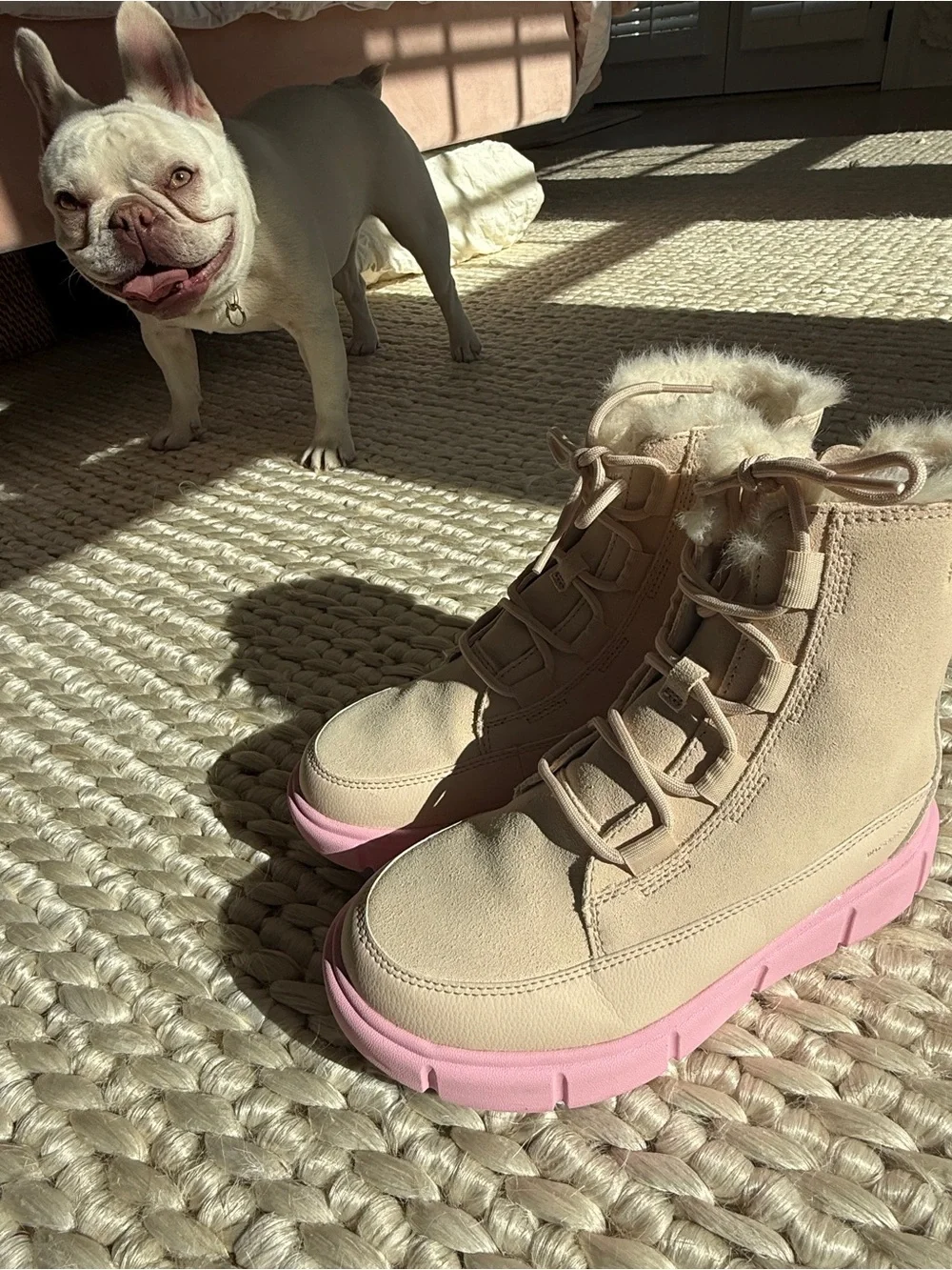 Sorel Kids Beige Faux-Fur Lace-Up Boots with Pink Sole